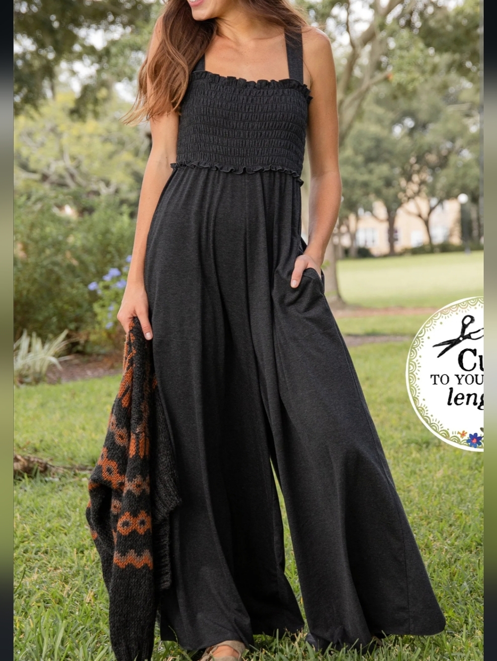 Smocked Wide-Leg Jumpsuit - Black